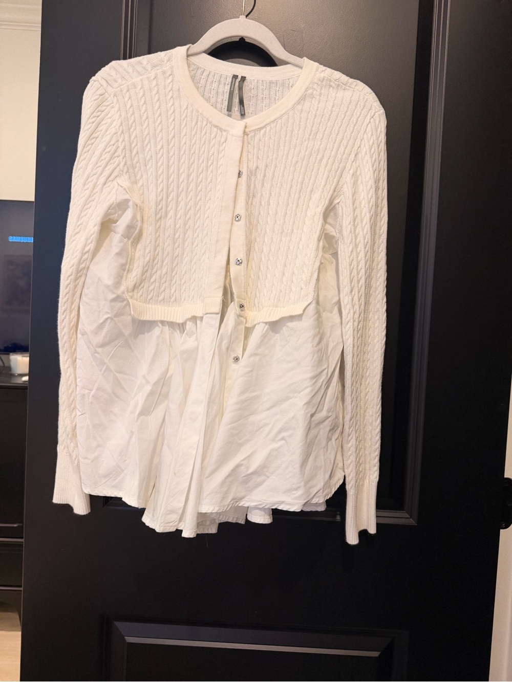 Anthropologie Cream Layered Cable-Knit Button Down Top